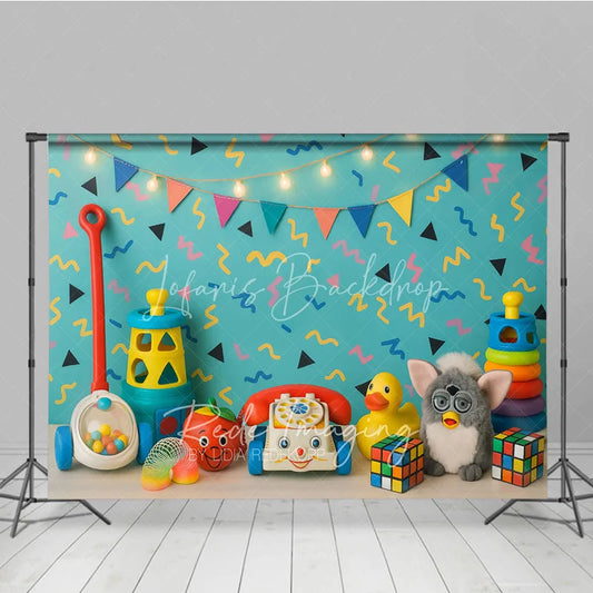 Lofaris Retro 90s Toys and Pattern Photo Backdrop I Love the Birthday Photography Background