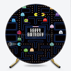 Lofaris Retro Arcade Game Birthday Round Backdrop 80s Video Boy Party Pixelated Maze and Ghosts Photo Prop
