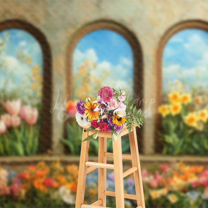 Lofaris Retro Arch Wall Colorful Floral Spring Backdrop