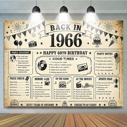 Lofaris Retro Back in 1966 60th Birthday Backdrop with Historical Facts Vintage Newspaper Style Party Decor