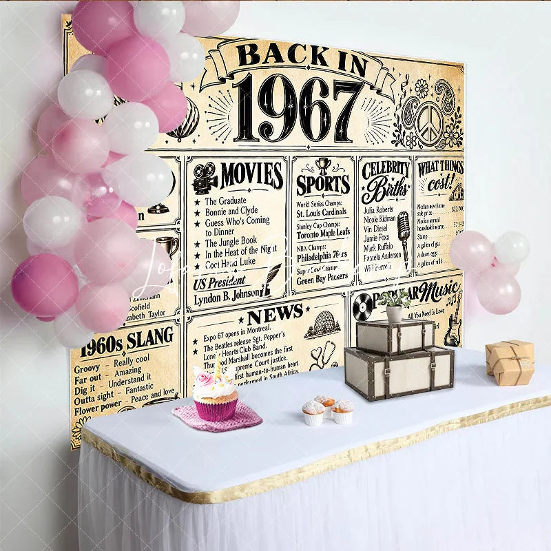 Lofaris Retro Back in 1967 Newspaper Style Birthday Backdrop with Historical Facts 1960s Slang and Popular Culture Party Decor
