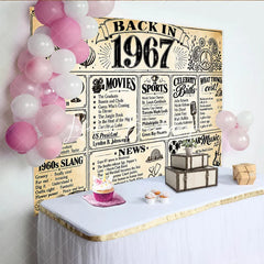 Lofaris Retro Back in 1967 Newspaper Style Birthday Backdrop with Historical Facts 1960s Slang and Popular Culture Party Decor