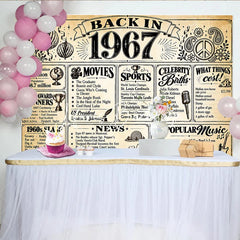Lofaris Retro Back in 1967 Newspaper Style Birthday Backdrop with Historical Facts 1960s Slang and Popular Culture Party Decor
