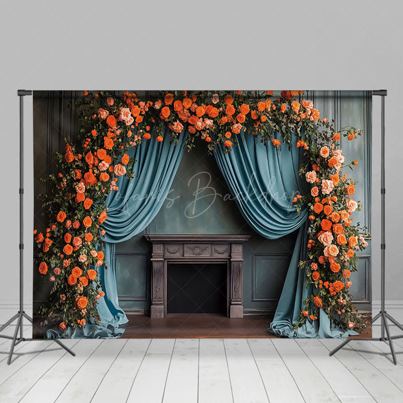 Lofaris Retro Blue Curtain Plant Floral Wedding Backdrop