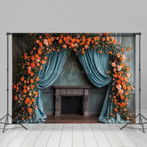 Lofaris Retro Blue Curtain Plant Floral Wedding Backdrop