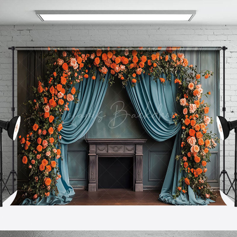 Lofaris Retro Blue Curtain Plant Floral Wedding Backdrop