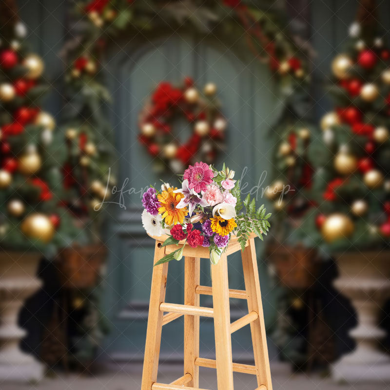Lofaris Retro Blue Door Trees Celebrates Christmas Backdrop