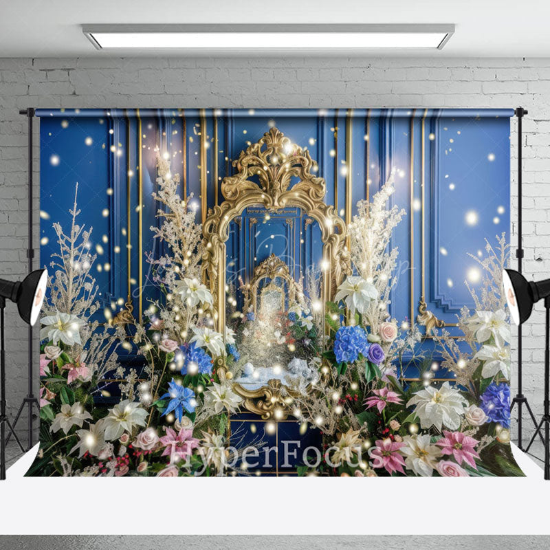 Lofaris Retro Blue Gold Wall Colorful Floral Photo Backdrop