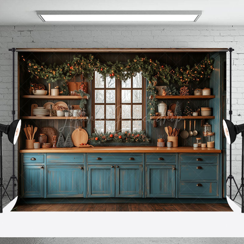 Lofaris Retro Blue Kitchen Pine Leaves Christmas Backdrop