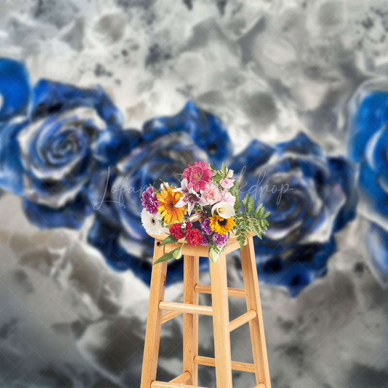Lofaris Retro Blue Silver Abstract Floral Photo Backdrop