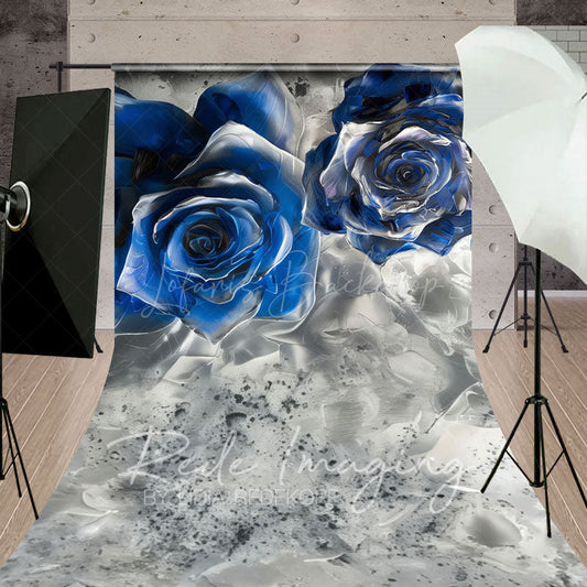 Lofaris Retro Blue Silver Abstract Floral Sweep Backdrop