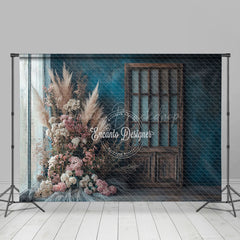 Lofaris Retro Blue Wall Door Boho Floral Wedding Backdrop