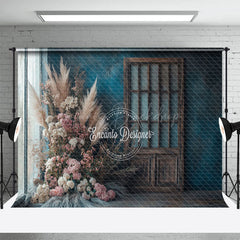 Lofaris Retro Blue Wall Door Boho Floral Wedding Backdrop