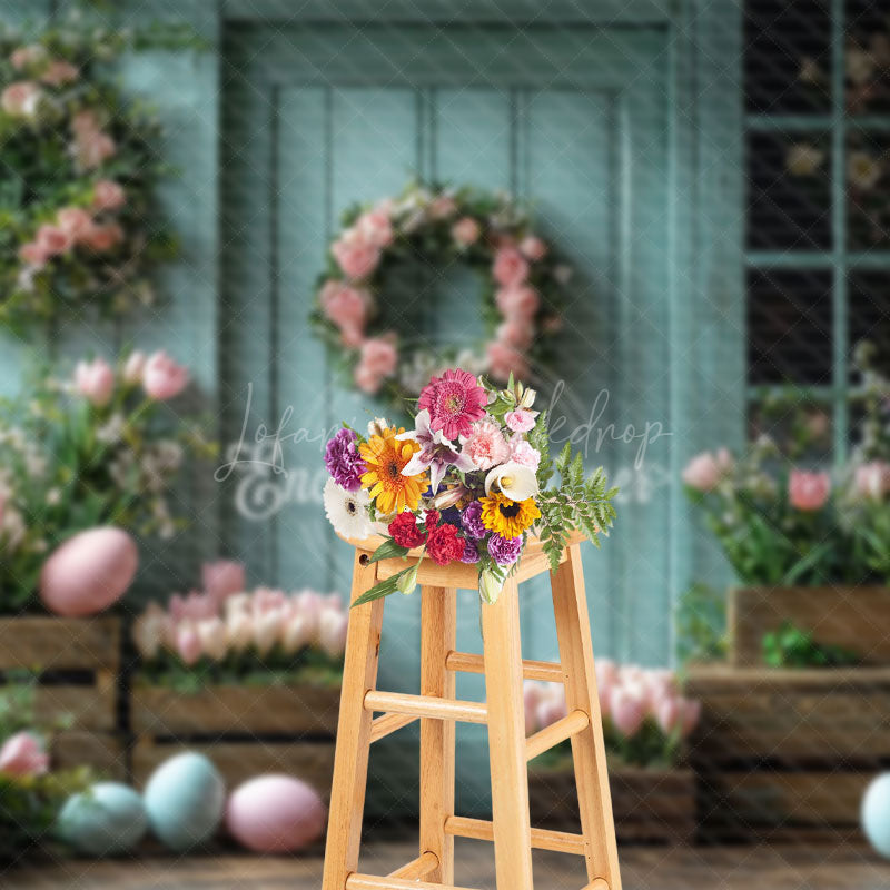 Lofaris Retro Blue Wood Floral Eggs Easter Spring Backdrop