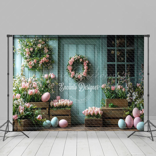 Lofaris Retro Blue Wood Floral Eggs Easter Spring Backdrop