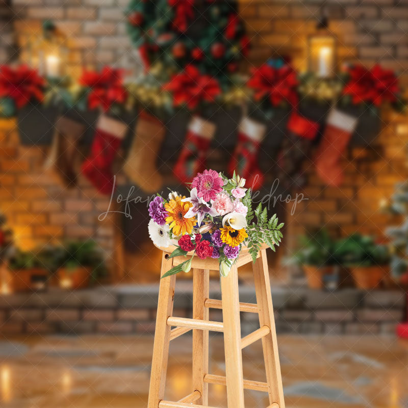 Lofaris Retro Brick Fireplace Candlelight Christmas Backdrop