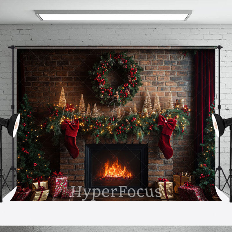 Lofaris Retro Brick Wall Fireplace Wreath Christmas Backdrop