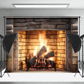 Lofaris Retro Bricks Fireplace Warm Vibe Christmas Backdrop