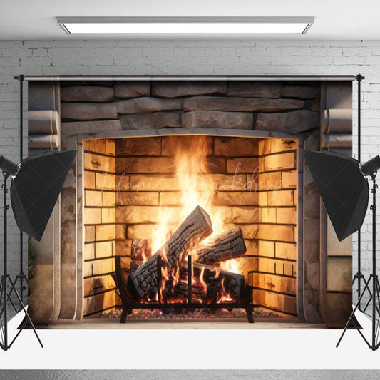 Lofaris Retro Bricks Fireplace Warm Vibe Christmas Backdrop
