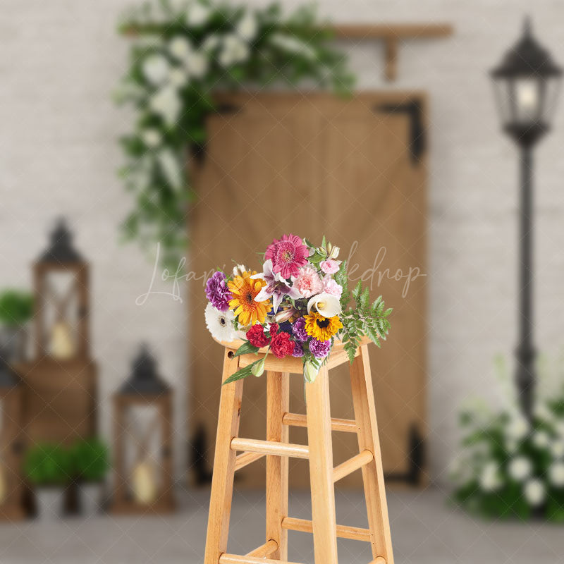 Lofaris Retro Bricks Wall Greenery Wood Door Photo Backdrop