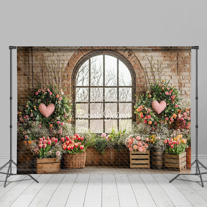 Lofaris Retro Bricks Wall Window Scene Floral Plant Backdrop
