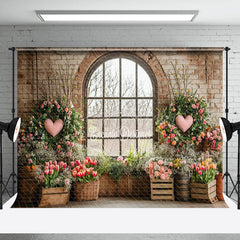 Lofaris Retro Bricks Wall Window Scene Floral Plant Backdrop