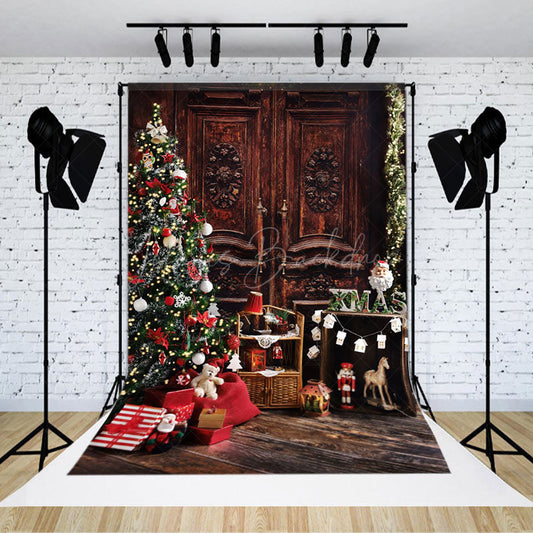 Lofaris Retro Brown Cabinet Xmas Tree Christmas Backdrop