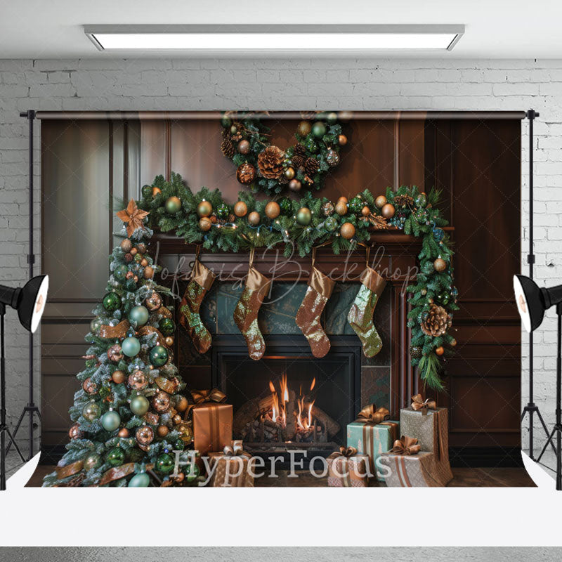 Lofaris Retro Brown Fireplace Tree Gifts Christmas Backdrop