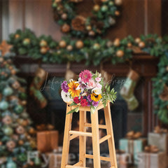 Lofaris Retro Brown Fireplace Tree Gifts Christmas Backdrop