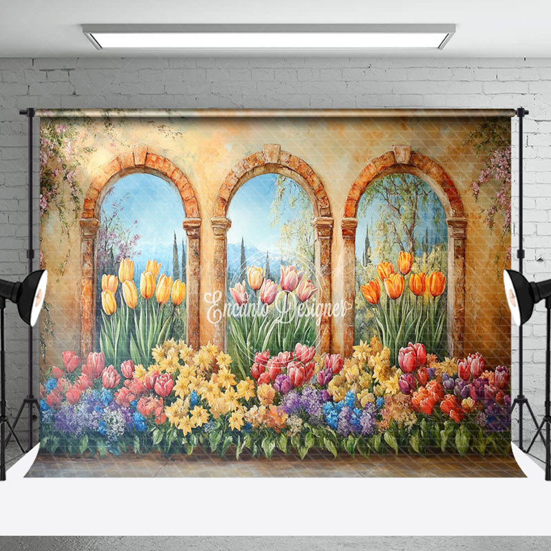 Lofaris Retro Brown Window Colorful Floral Scene Backdrop
