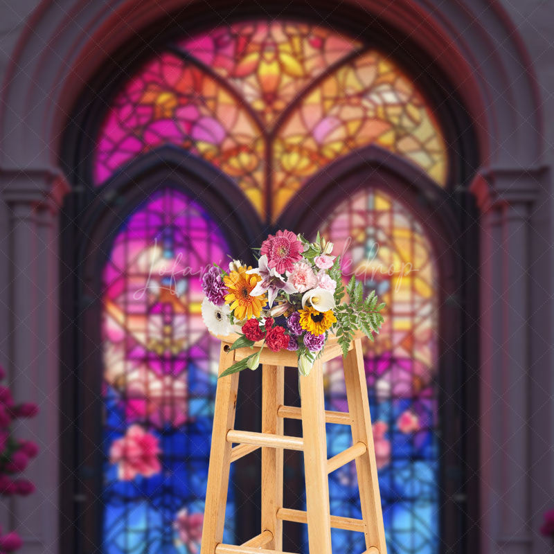 Lofaris Retro Colorful Glass Window Floral Photo Backdrop