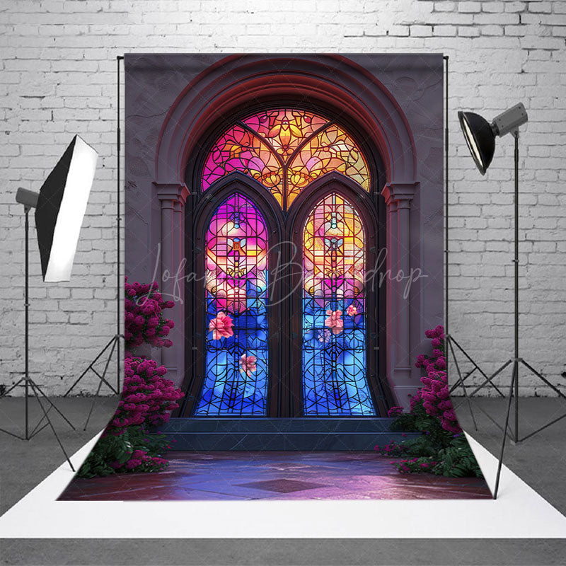 Lofaris Retro Colorful Glass Window Floral Photo Backdrop