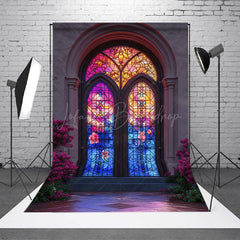 Lofaris Retro Colorful Glass Window Floral Photo Backdrop