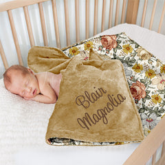 Lofaris Retro Elegant Yellow Pink Floral Minky Baby Blanket