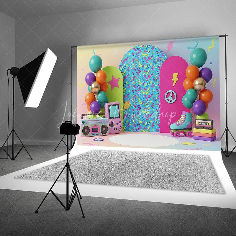 Lofaris Retro Gaming Birthday Backdrop Pastel Rainbow Gameboy and Boombox Cake Smash Photography Background