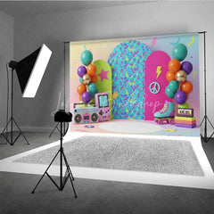 Lofaris Retro Gaming Birthday Backdrop Pastel Rainbow Gameboy and Boombox Cake Smash Photography Background