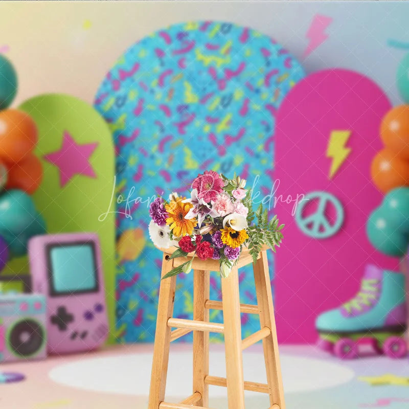 Lofaris Retro Gaming Birthday Backdrop Pastel Rainbow Gameboy and Boombox Cake Smash Photography Background