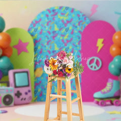 Lofaris Retro Gaming Birthday Backdrop Pastel Rainbow Gameboy and Boombox Cake Smash Photography Background