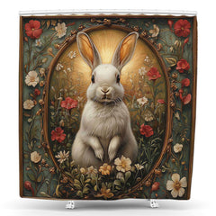 Lofaris Retro Green Floral Cute Bunny Easter Shower Curtain