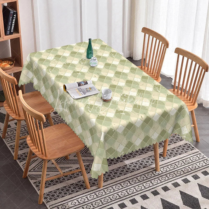 Lofaris Retro Green Geometric Rectangle Tablecloth Abstract Tile Mosaic Pattern Mid Century Modern Dining Table Cover Decor
