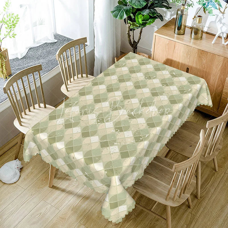 Lofaris Retro Green Geometric Rectangle Tablecloth Abstract Tile Mosaic Pattern Mid Century Modern Dining Table Cover Decor