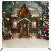 Lofaris Retro Green House Christmas Tension Fabric Backdrop