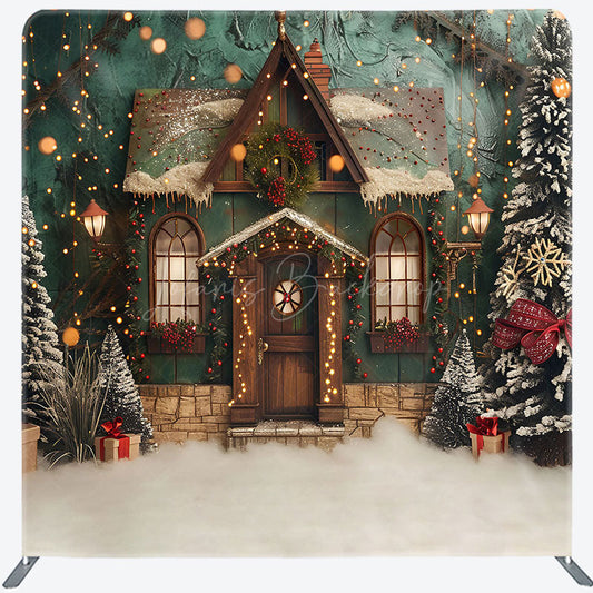Lofaris Retro Green House Christmas Tension Fabric Backdrop