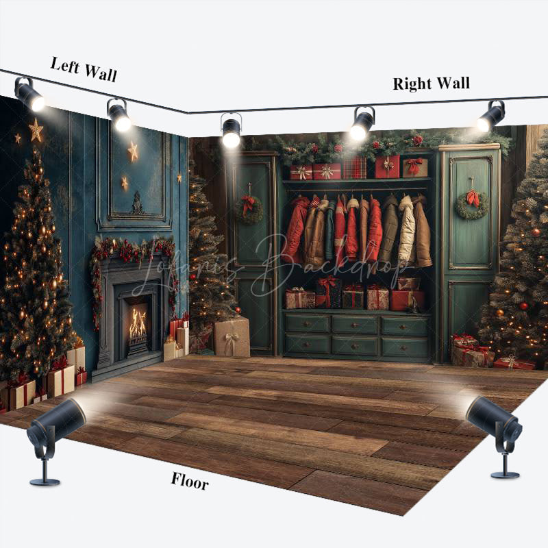 Lofaris Retro Green Wardrobe Christmas Room Set Backdrop