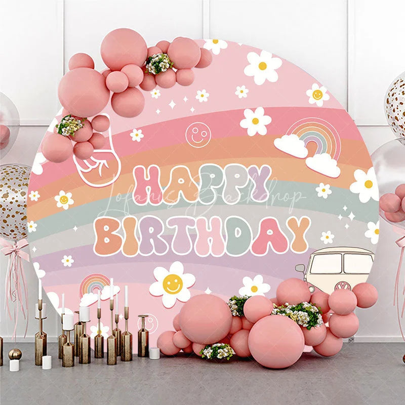 Lofaris Retro Groovy Flower Happy Birthday Round Backdrop Pink Rainbow and Van Party Decor