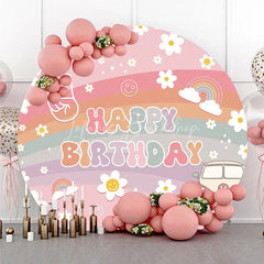 Lofaris Retro Groovy Flower Happy Birthday Round Backdrop Pink Rainbow and Van Party Decor