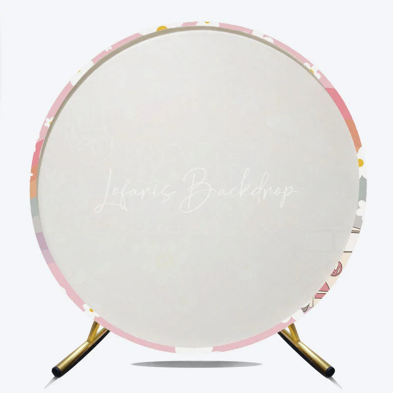Lofaris Retro Groovy Flower Happy Birthday Round Backdrop Pink Rainbow and Van Party Decor