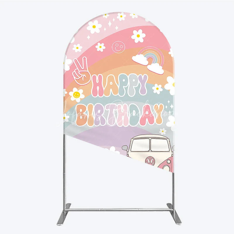Lofaris Retro Groovy Happy Birthday Arch Backdrop Pastel Rainbow with Daisies Peace Sign and Vintage Camper Van