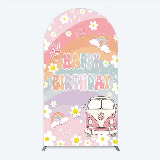 Lofaris Retro Groovy Happy Birthday Arch Backdrop Pastel Rainbow with Daisies Peace Sign and Vintage Camper Van