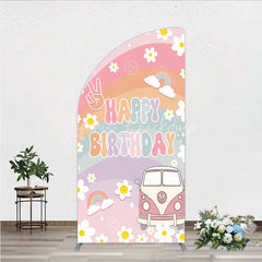 Lofaris Retro Groovy Happy Birthday Half Moon Arch Backdrop Pastel Rainbow with Daisies Peace Sign and Vintage Camper Van